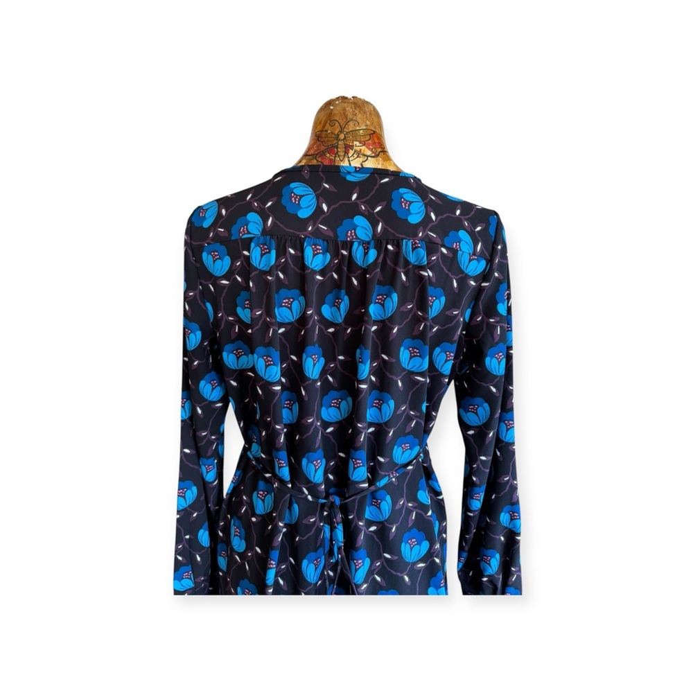 LOFT dress black blue floral sash medium long sleeve - Picture 5 of 11